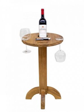 Weintisch aus Teak mit 2 Glashalter und 1 Flaschenhalter D. 38cm