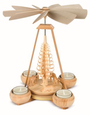 Teelichtpyramide Rehe geschnitzt 1-stöckig, natur für 4 Teelichte