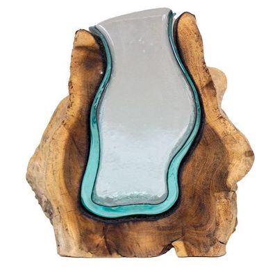 Vase im Holz" Mundgeblasenes Glas auf Wurzelholz - LxBxH 22 x 8 x 22 cm