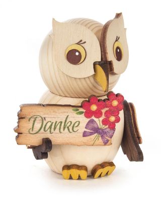 Miniaturfigur Mini-Eule mit Schild "Danke" 5x7,5x3,5cm NEU Holzfigur Sammelfigur