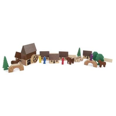 Holzspielzeug Dorf mit Mühle bunt Höhe ca. 7cm NEU Bausteine Bauklötze Holzspi