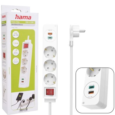 Hama Mehrfachstecker 3-Fach mit 2x USB-C USB Steckdosenleiste Mehrfachsteckdose