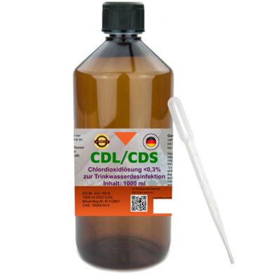 CDL 0,3% 1000 ml CDS in HDPE Laborflasche mit Pipette zur Trinkwasserdesinfektion