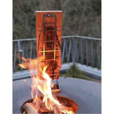 Deinwerk Flammlachsbrett für Feuerplatte aus massiver Buche mit Edelstahlbügel