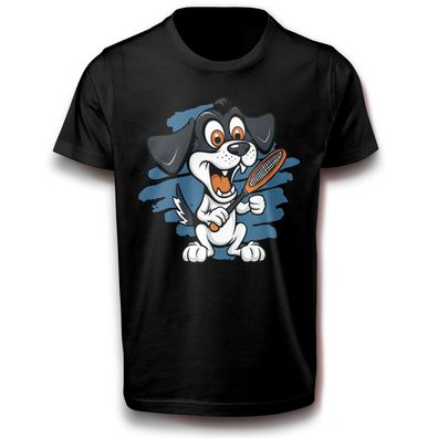 Haustier Hund mit Tennisschläger Tennis Sport Fitness Lustig Fun T-Shirt Baumwolle
