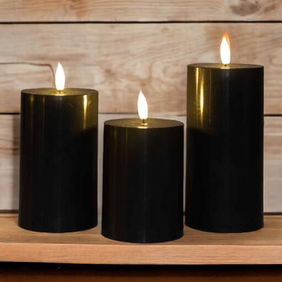 LED Kerzen Außen schwarz 3-er Set Timer 3-D Flamme Ø7,5cm 10/12,5/15cm hoch