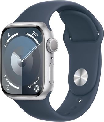 Apple Watch Series 9 GPS 41mm Aluminium Silber Sportarmband Sturmblau M/ L