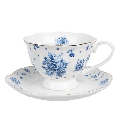 Clayre & Eef Tasse mit Untertasse 200 ml Weiß Blau Porzellan Rosen