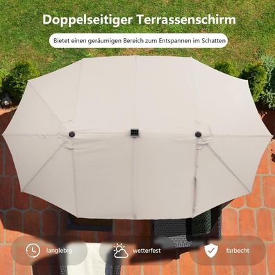 Doppelsonnenschirm mit Ständer und LED-Solar-Beleuchtung, 450 x 260 cm, Sonnenschirm