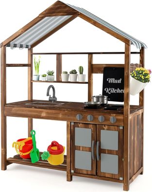 Matschküche Kinder Outdoor, Kinderküche Massivholz mit Vordach & Wasserhahn & Tafel