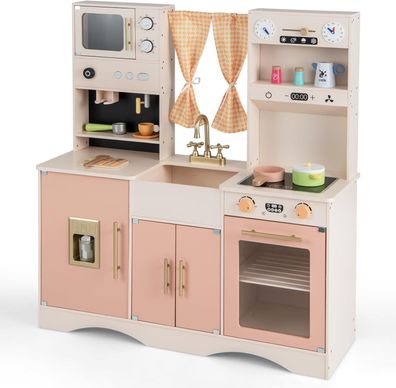 Kinderküche mit Kochzubehör, Spielküche Holz mit Mikrowelle & Kaffeemaschine & Spüle