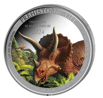 Silbermünze 1oz Prehistoric Life II Triceratops 2024 Farbe