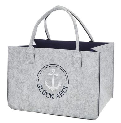 Maritime Filztasche Strandtasche Einkaufstasche in Grau mit Stickerei Glück Ahoi