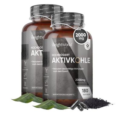 Aktivkohle Kapseln - 2000mg pro Tag - 360 vegane Kapseln - Für Blähungen