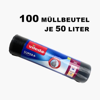 100 Müllbeutel Müllsack Abfallsack Müll Tüte Beutel Vileda 50L schwarz 0,15€/ St