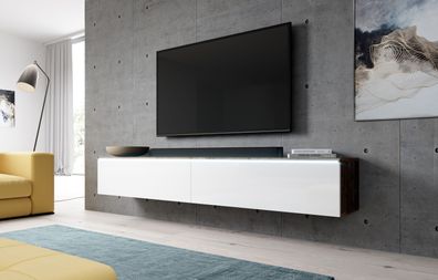 Furnix TV-Lowboard BARGO 180 cm mit LED-Beleuchtung Old Style Wood-Weiß glänzend