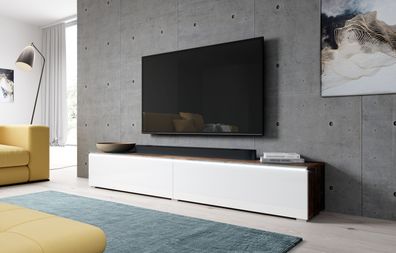 Furnix TV-Kommode BARGO 180cm TV-Schrank LED-Beleuchtung Old Wood-Weiß glänzend