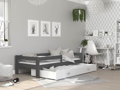 FURNIX Kinderbett CADEN 80x160 mit Schublade Rausfallschutz & Matratze Grau-Weiß