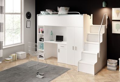 FURNIX Kinderbett Pabby 90x200 set Etagenbett mit Schreibtisch ohne Matratze Weiß