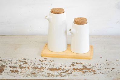 Essig- & Ölflasche Set mit Holzplatte weiß Landhausstil