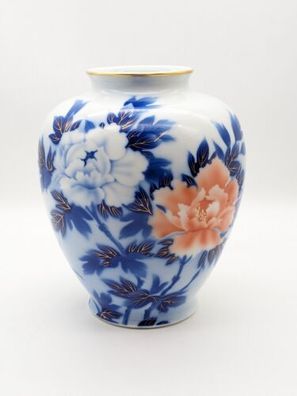 Japanische Fukagawa Porzellan Vase mit Blumenmalerei und Goldrand H: 20cm
