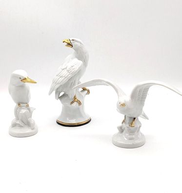 3x Porzellanfiguren Adler Vogel Wallendorf Fasold und Strauch weiß gold