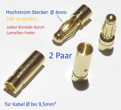 2x hochstrom Banane 4mm Stecker Buchse Set 24K vergolder f. RC Brushless Motor