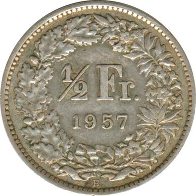 Schweiz 1/2 Franken 1957 B Stehende Helvetia Silber*