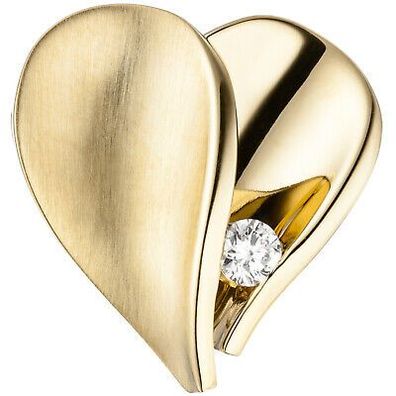 Anhänger 16,4 mm Herz 585 Gold Gelbgold teilmatt 1 Diamant Brillant Herzanhänger