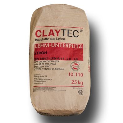 Claytec Lehm-Unterputz mit Stroh - Lieferform: Trocken 25 kg Sack