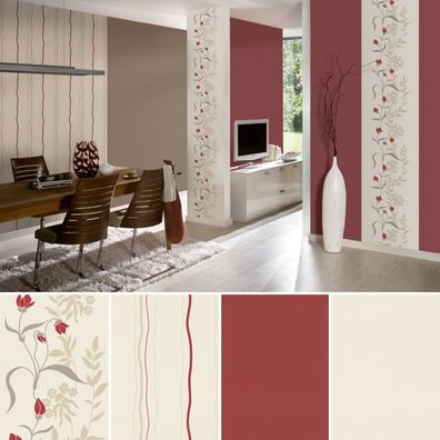 Vliestapete Blumen floral Streifen gestreift Uni Struktur kombi rot creme beige