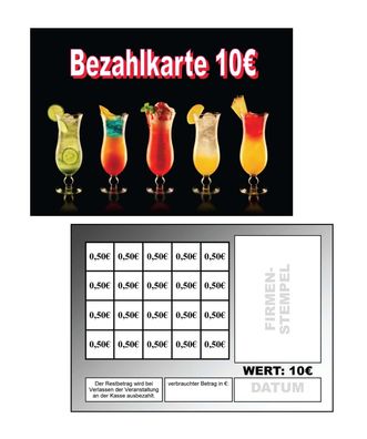 Abstreichkarten Verzehrkarten Wertmarken Guthabenkarten 10 Euro Bezahlkarten Cocktail