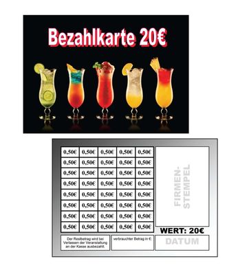 Abstreichkarten Verzehrkarten Wertmarken Guthabenkarten 20 Euro Bezahlkarten Cocktail