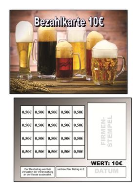Abstreichkarten Verzehrkarten Wertmarken Guthabenkarten 10 Euro Bezahlkarten Bier