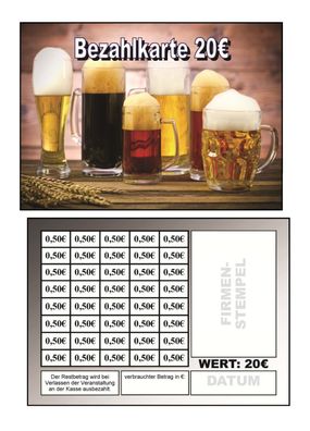 Abstreichkarten Verzehrkarten Wertmarken Guthabenkarten 20 Euro Bezahlkarten Bier