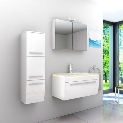 Badmöbel Set Gently 3 V2-L Weiß Badezimmermöbel Badspiegel Waschtisch 80 cm