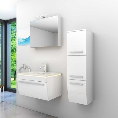 Badmöbel Set Gently 3 V2-R Weiß Badezimmermöbel Badspiegel Waschtisch 80 cm