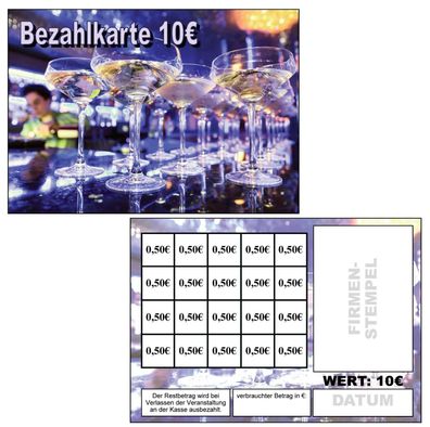 Abstreichkarten Verzehrkarten Wertmarken Guthabenkarten 10 Euro Bezahlkarten Sekt