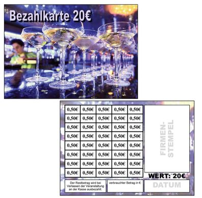 Abstreichkarten Verzehrkarten Wertmarken Guthabenkarten 20 Euro Bezahlkarten Sekt