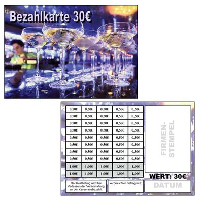 Abstreichkarten Verzehrkarten Wertmarken Guthabenkarten 30 Euro Bezahlkarten Sekt