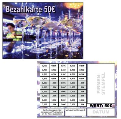 Abstreichkarten Verzehrkarten Wertmarken Guthabenkarten 50 Euro Bezahlkarten Sekt