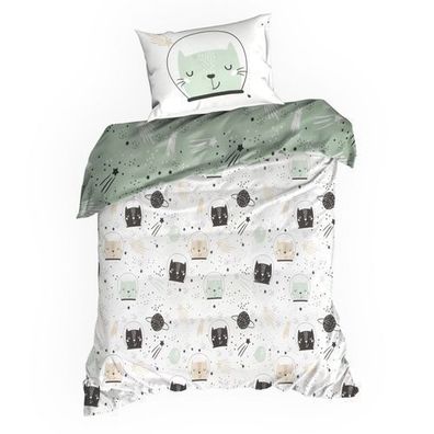 Bettwäsche für Kinder 2-tlg weiß grün Baumwolle 140x200 cm Bettbezug Kissenbezug Deko