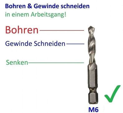 M6 HSS Kombo Gewinde Schneider mit integr Kernbohrer Bohren & Schneiden Senker