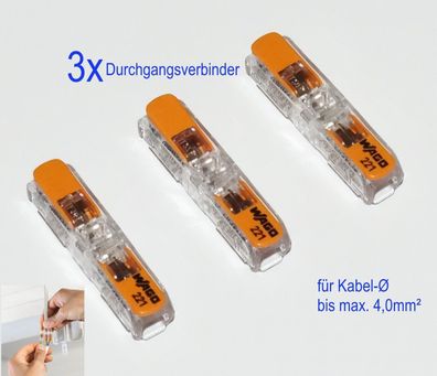 3 Stück 0,2 bis 4mm² Elektro Kabel Verbinder Durchgangsverbinder 2-Leiter Wago