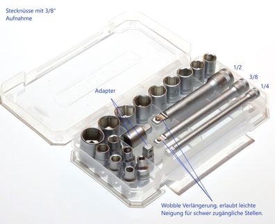 Parkside 3/8 Steck Nuss Set mit Wobble Verlängerung 1/4" 3/8" 1/2" + Adapter