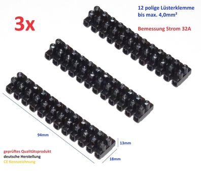 3 Stück 12 polige Qualitäts Lüsterklemme bis max. 4,0mm² mit CE Kennzeichnung