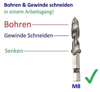 M8 HSS Kombo Gewinde Schneider mit integr Kernbohrer Bohren & Schneiden Senker