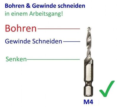 M4 HSS Kombo Gewinde Schneider mit integr Kernbohrer Bohren & Schneiden Senker
