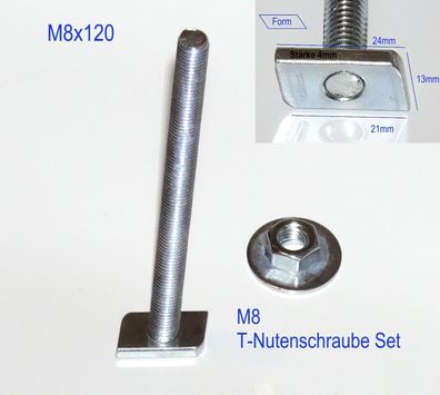 M8x120 T Nutenschraube Set Nuten Stein Schraube 24x13x4mm inkl. Mutter & Scheibe