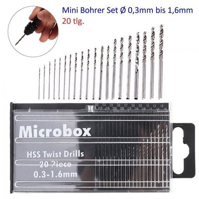 20 tlg. Mini Bohrer Set in Box 0,3mm bis 1,6mm in 0,5mm Schritten